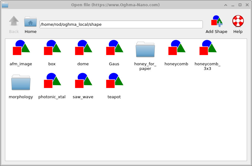 Main Shape database window showing a list of existing shapes such as afm_image, box, saw_wave and teapot.