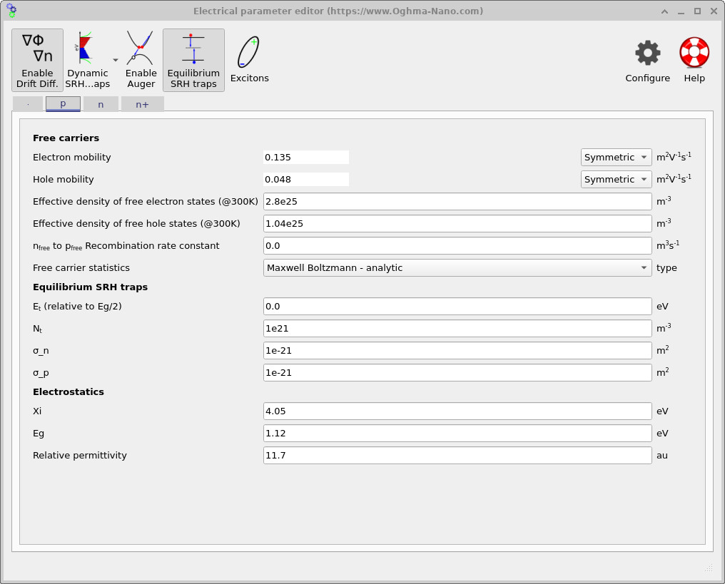 Electrical parameter editor for the p-type silicon region