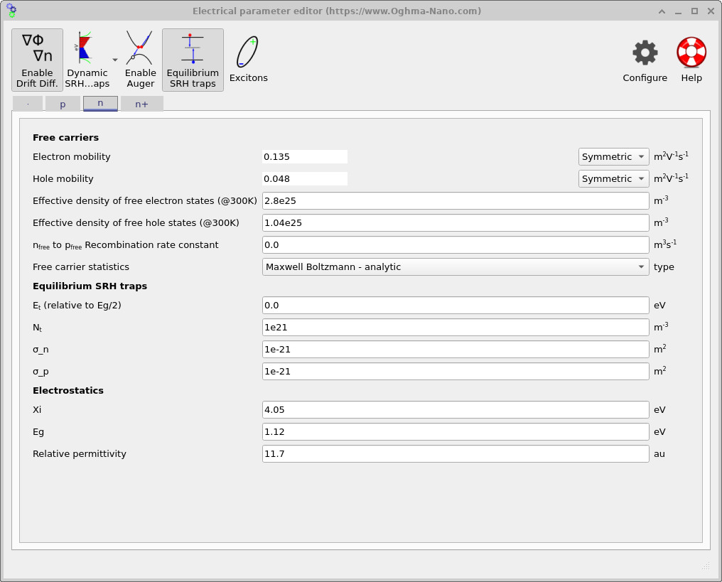 Electrical parameter editor for the n-type silicon region