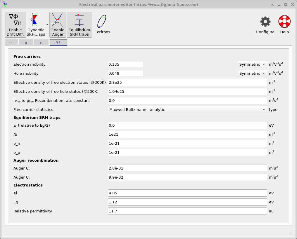 Electrical parameter editor for the n+ silicon region