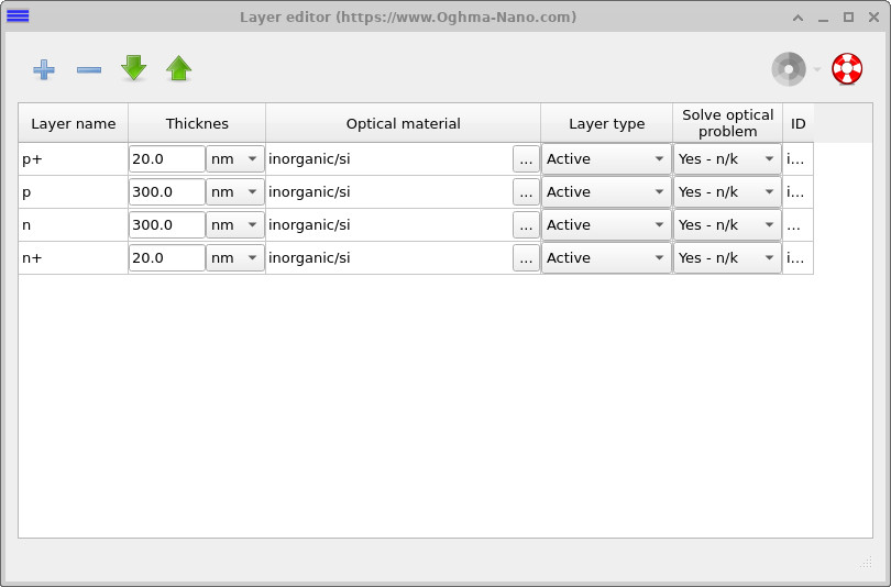Layer editor showing silicon layers and contacts used for the PN junction diode simulation