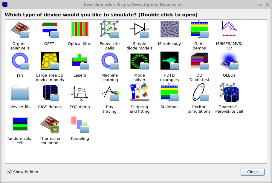 OghmaNano new simulation dialog showing available device categories