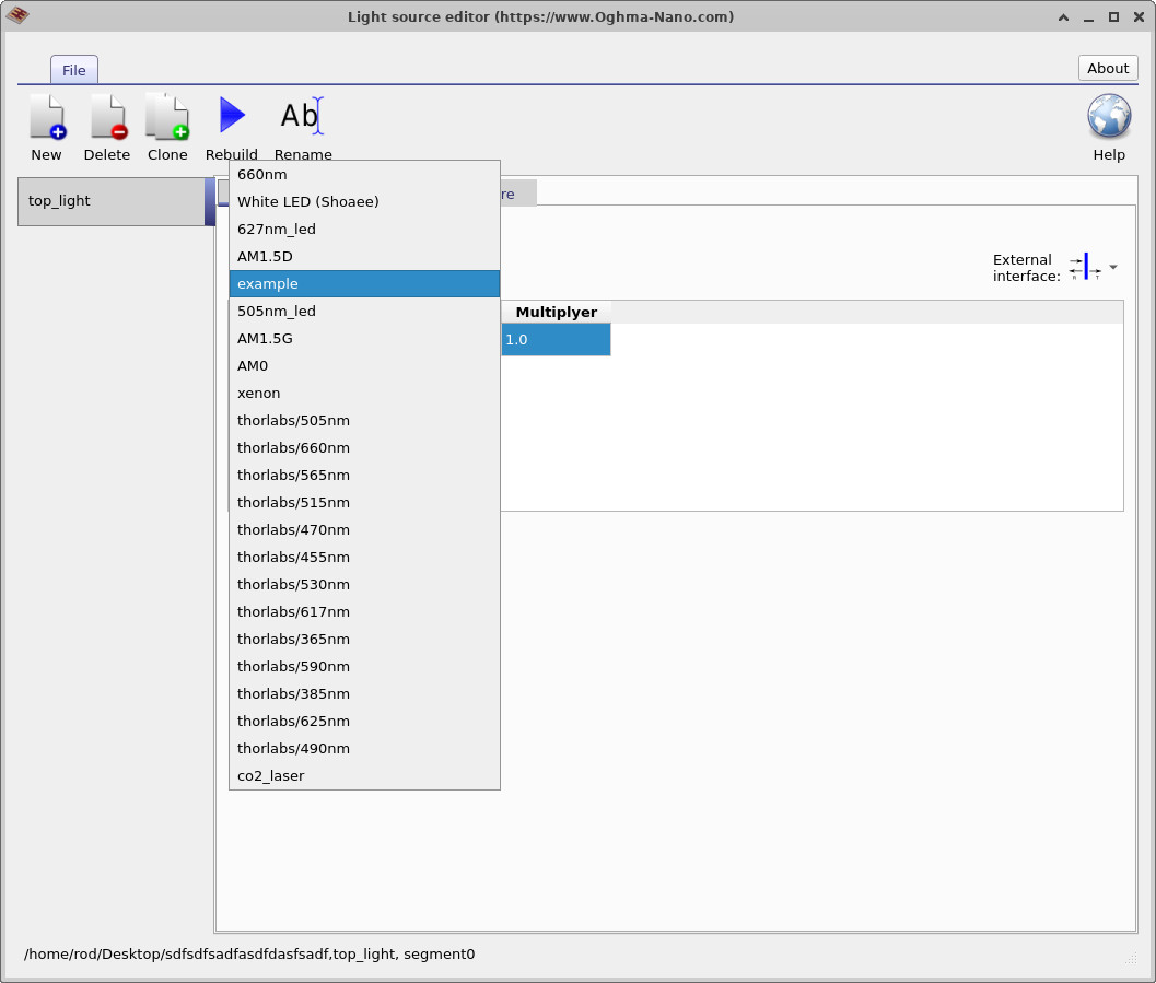 Light Source editor with the spectrum dropdown open, selecting 'example' instead of AM1.5G.