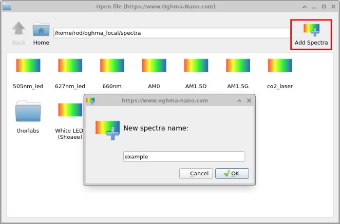 Optical database window with the Add Spectra dialog open to create a new entry called Example.