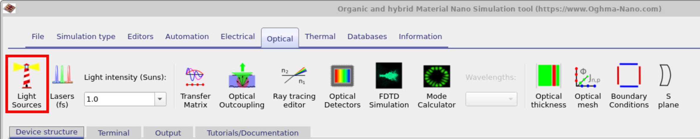 Optical ribbon in OghmaNano with the Light Sources icon highlighted.