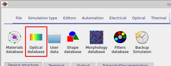 Optical ribbon in OghmaNano with the Optical database icon highlighted.