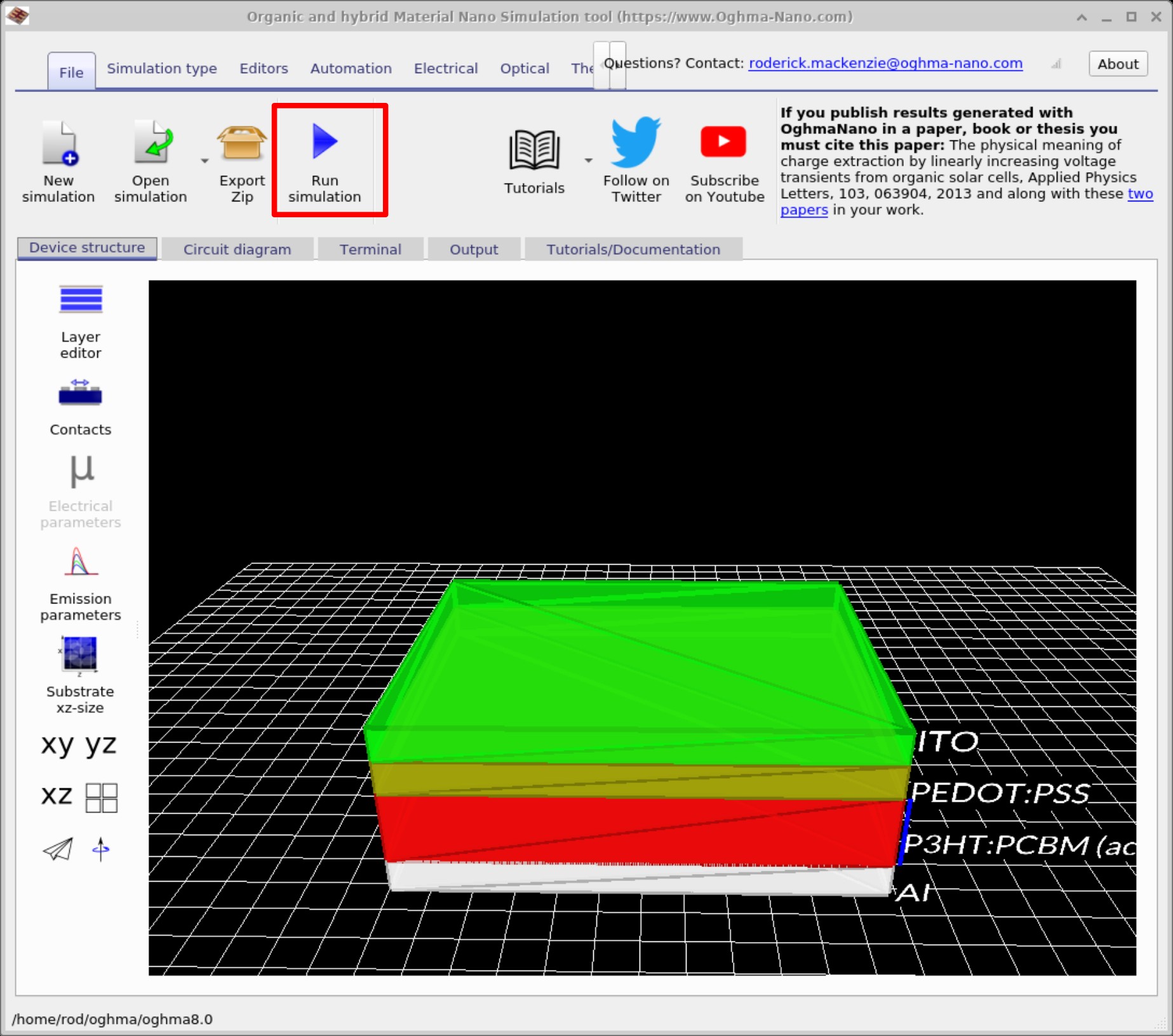 Main OghmaNano window with the Run simulation button visible on the File ribbon.