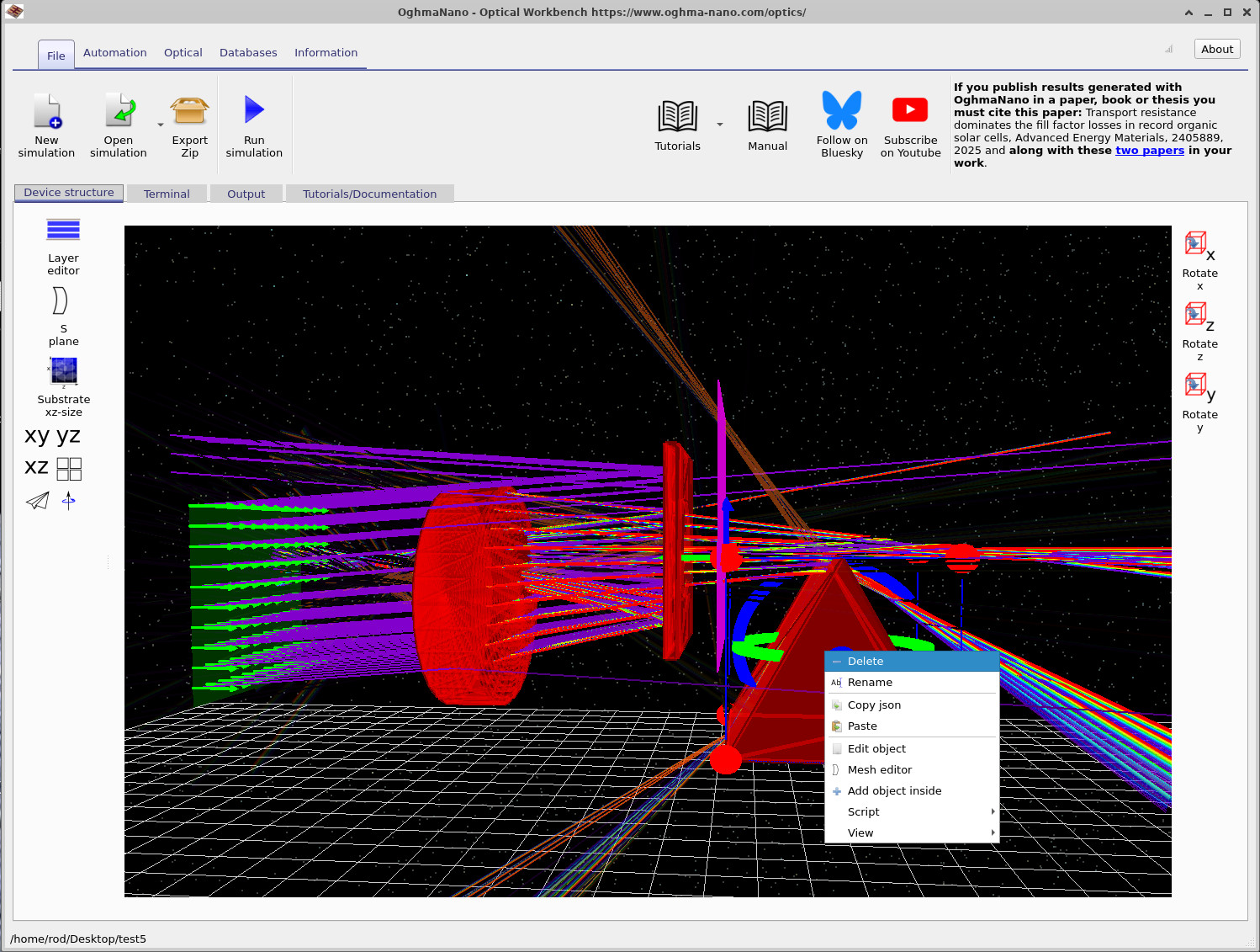 Optical Workbench scene with a single lens, aperture and detector after deleting the prism