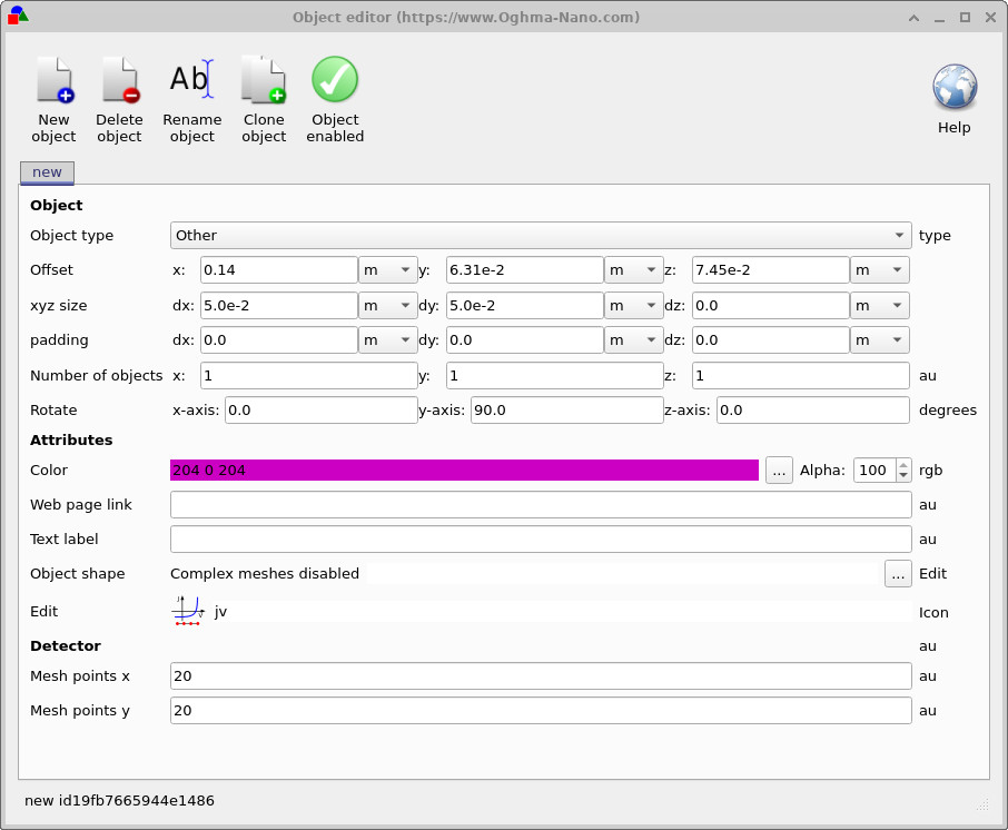 Object editor window showing detector position, size, rotation and mesh points