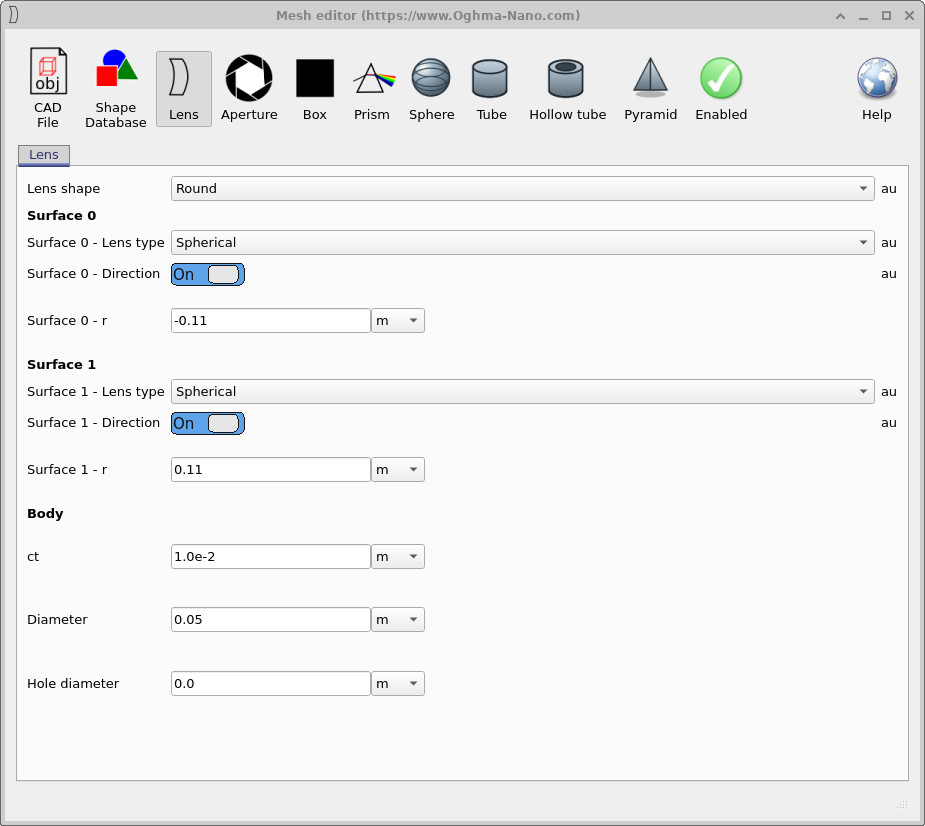 Mesh editor Lens tab with spherical surfaces and body parameters