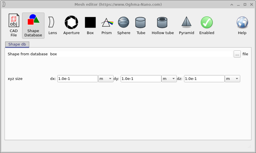 Mesh editor with the Shape database enabled and box selected