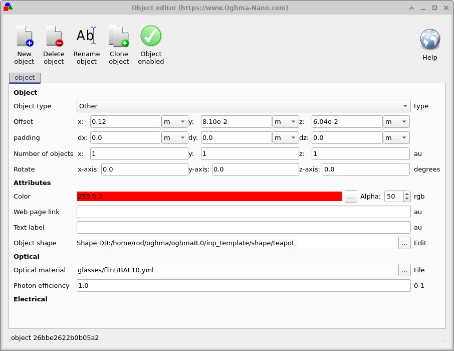 Object editor showing the optical material field set to a flint glass
