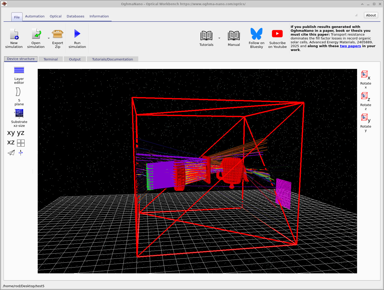 Optical Workbench scene with a large red wireframe box surrounding the lens, aperture, teapot and detector