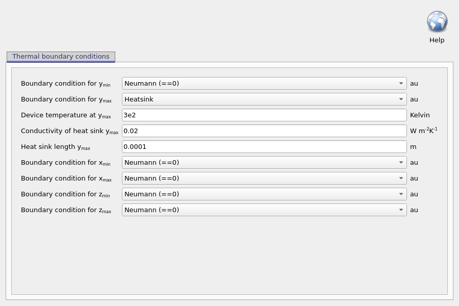 Thermal boundary condition editor showing Neumann boundaries and a heatsink boundary.