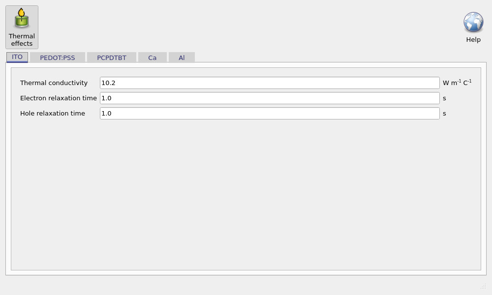 Thermal parameters editor showing thermal conductivity and carrier relaxation times per layer.