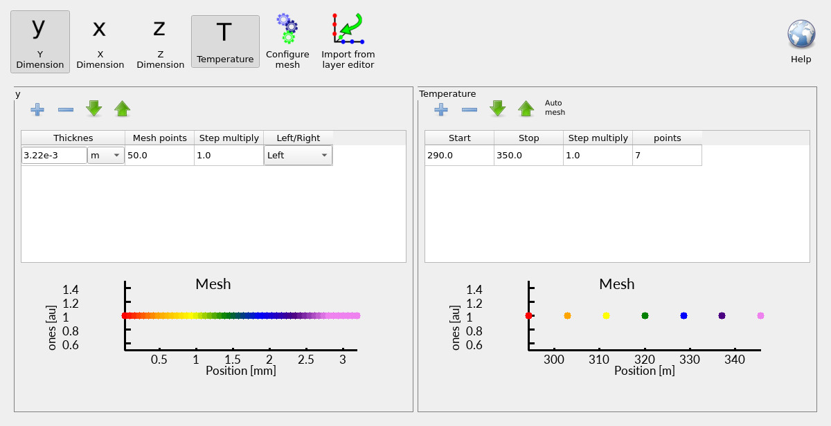 Thermal mesh editor showing spatial domain and temperature points.