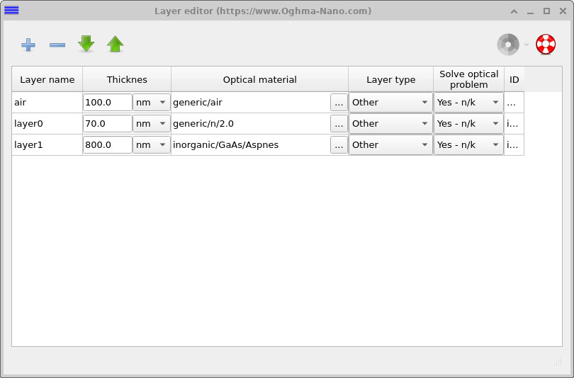 Layer editor with the coating thickness increased to 70 nm.
