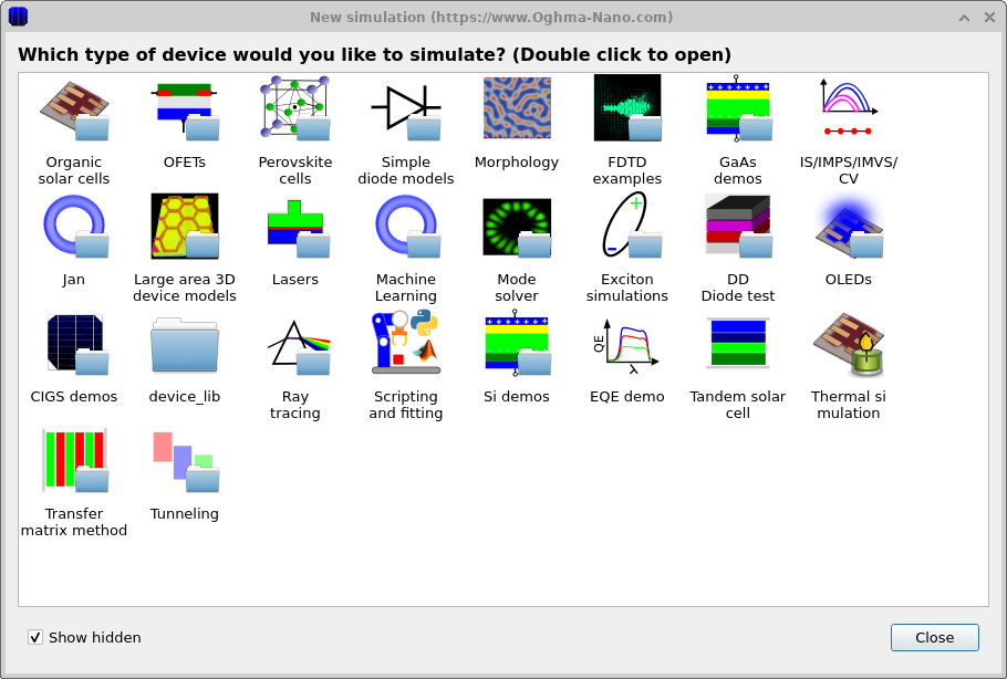 New simulation window showing the perovskite solar cell category.